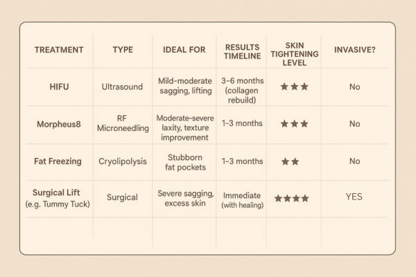 Table showing the comparisons of Skin tightening Stratford-upon-Avon treatment options.
